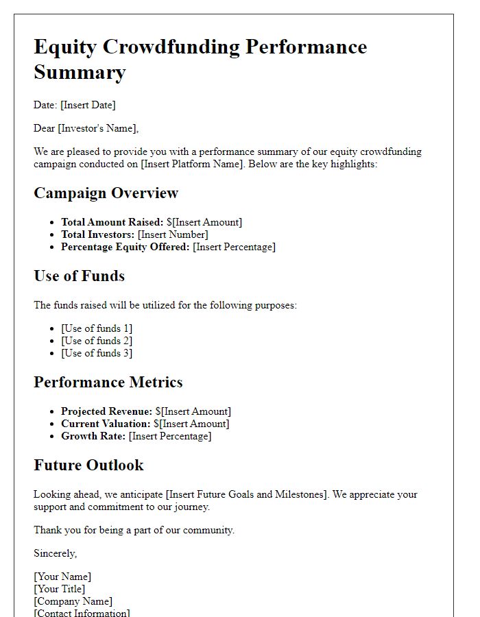 Letter template of equity crowdfunding performance summary