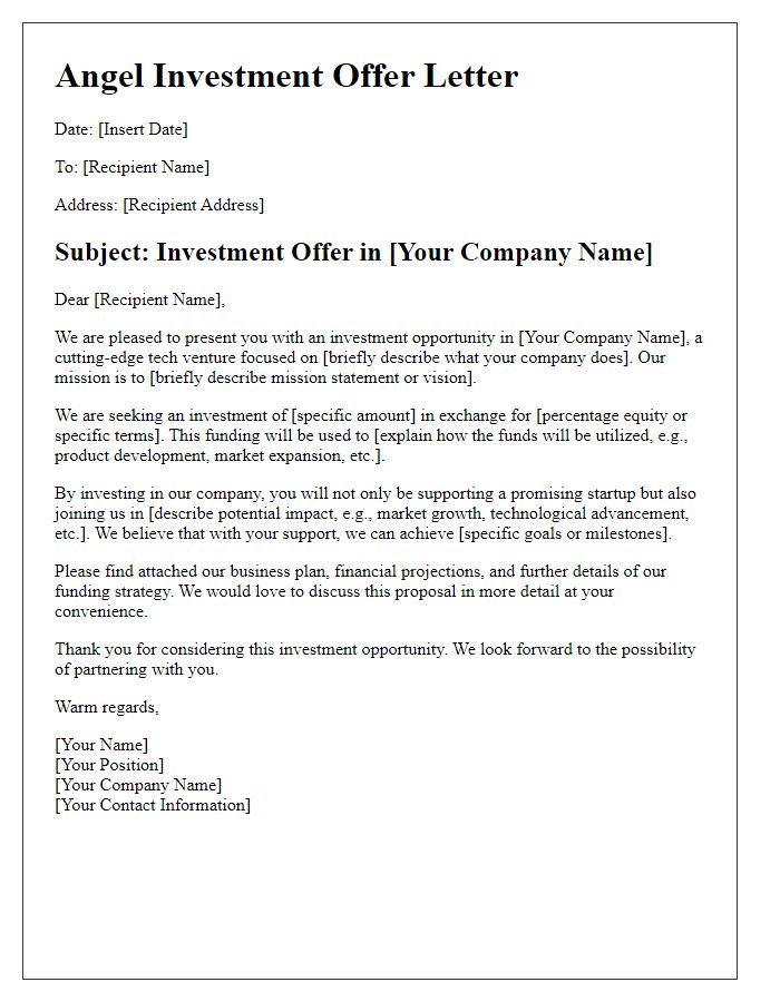 Letter template of angel investment offer for tech ventures.