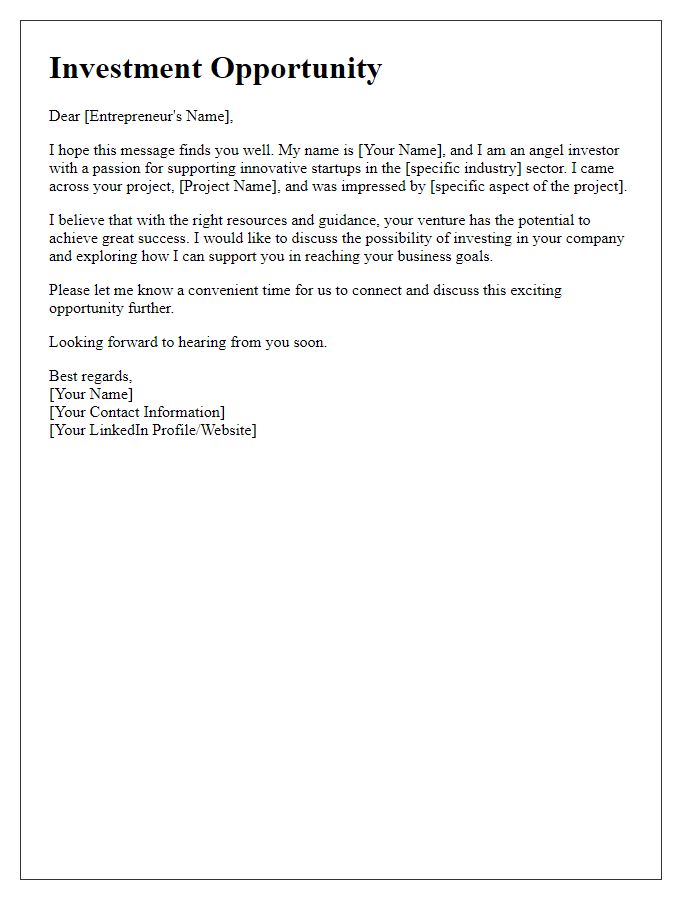 Letter template of angel investor opportunity for entrepreneurs.