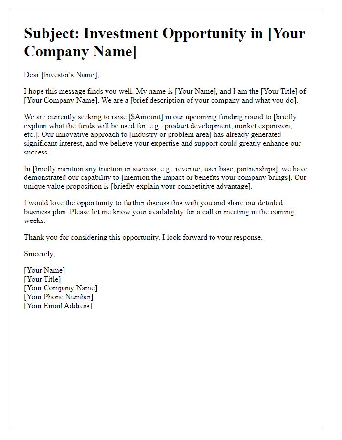 Letter template of business pitch for angel investors.