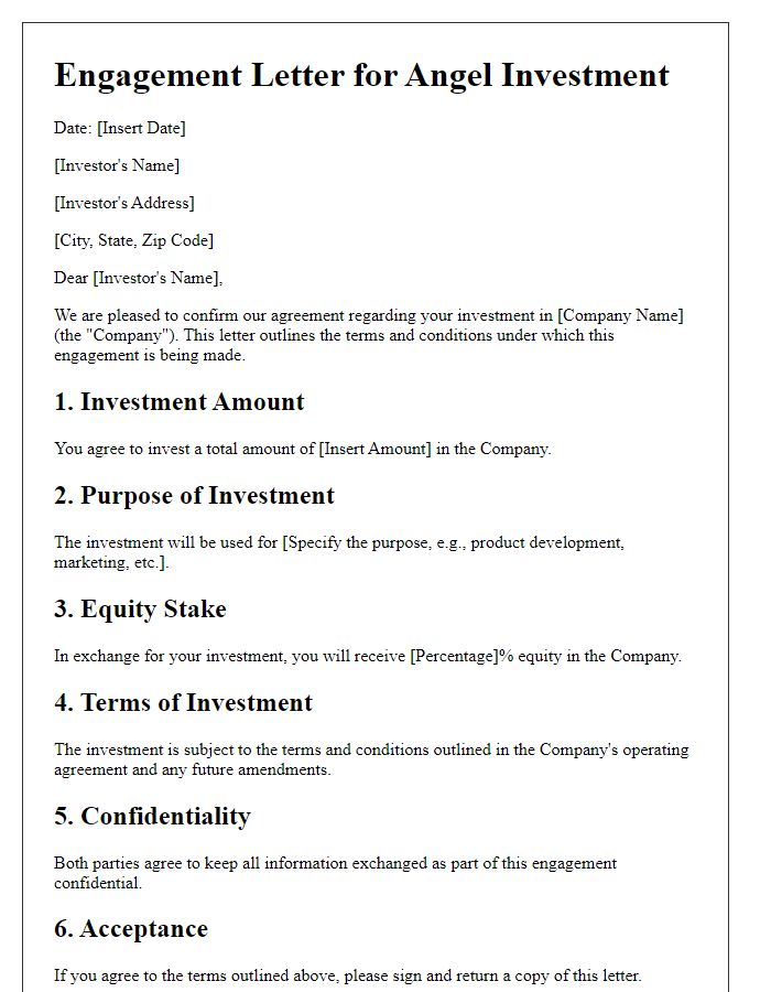 Letter template of engagement letter for angel investment.