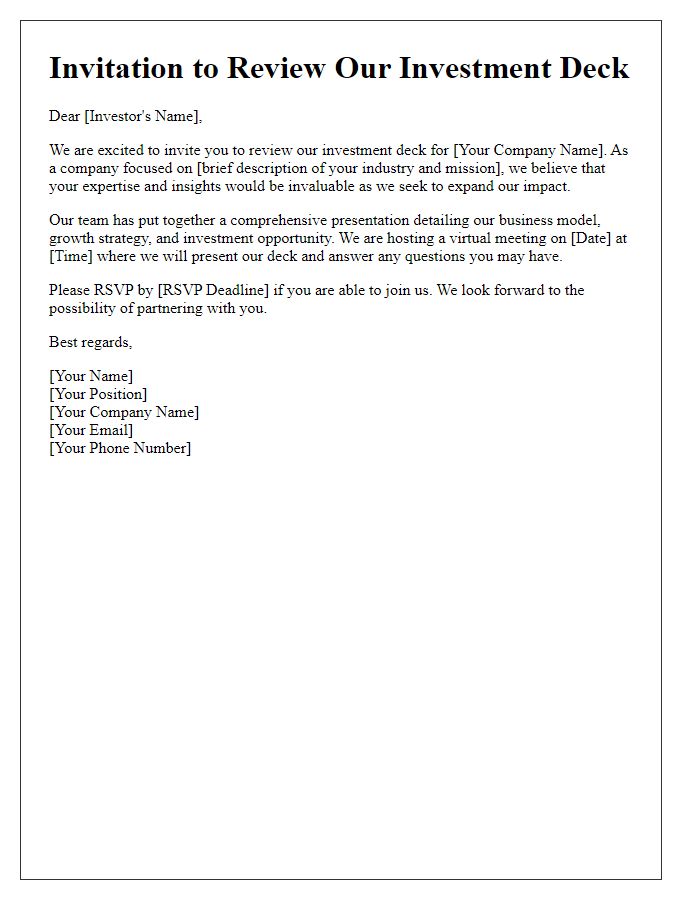 Letter template of investment deck invitation for angel investors.