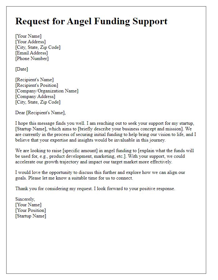 Letter template of request for angel funding support.