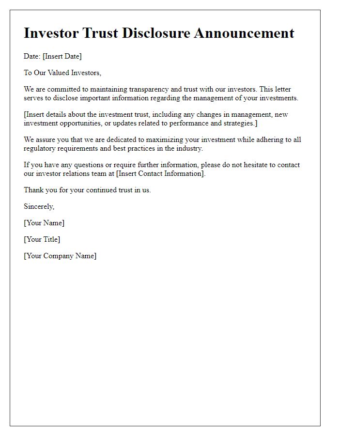 Letter template of investor trust disclosure announcement