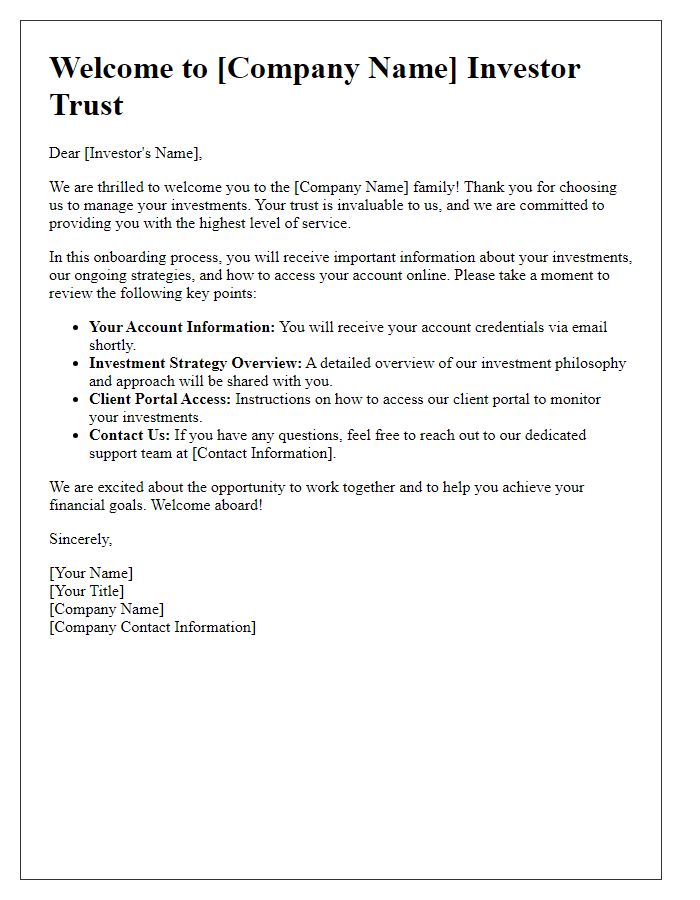 Letter template of investor trust onboarding welcome