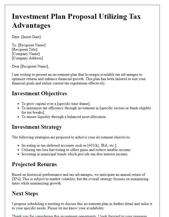 Letter template of investment plan utilizing tax advantages