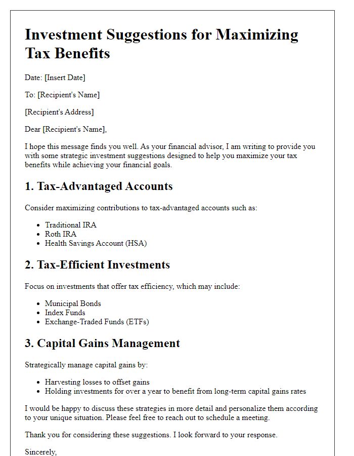 Letter template of investment suggestion for maximizing tax benefits