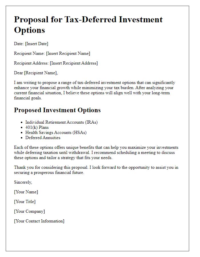 Letter template of proposal for tax-deferred investment options