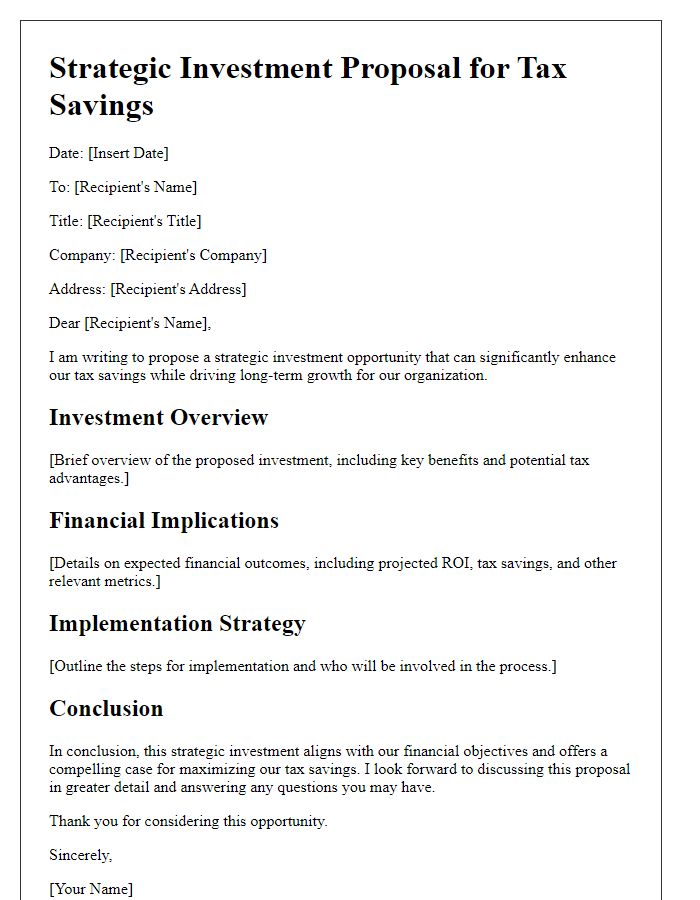 Letter template of strategic investment proposal for tax savings