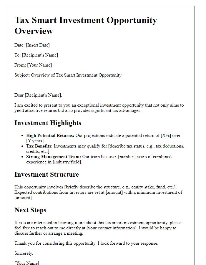 Letter template of tax smart investment opportunity overview