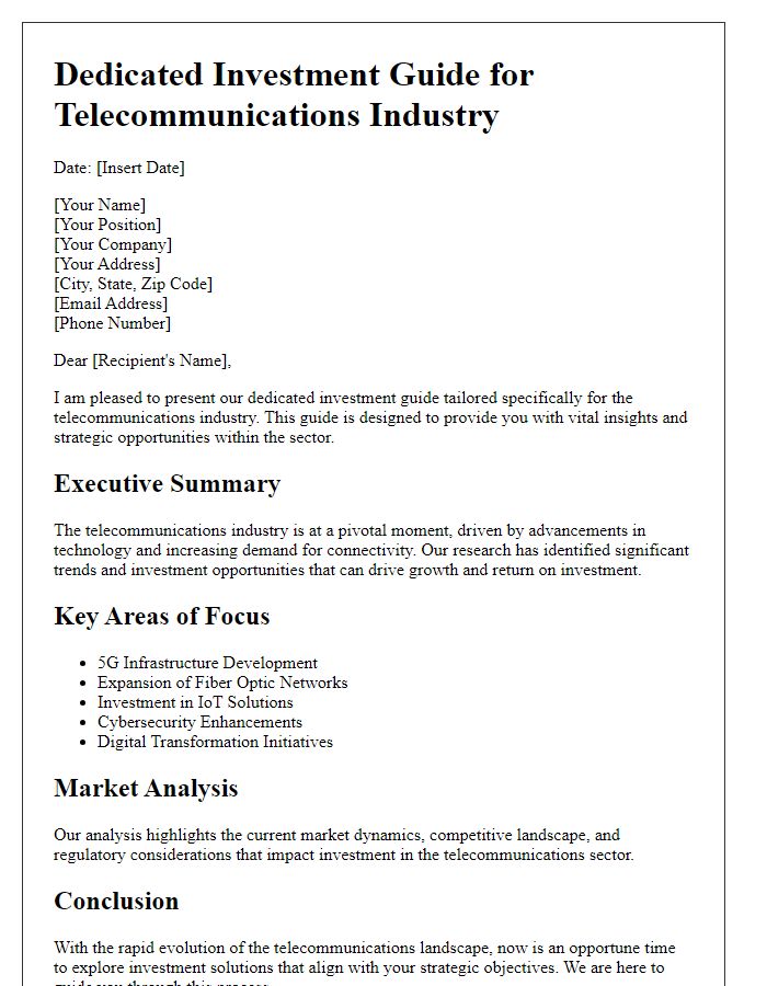 Letter template of dedicated investment guide for telecommunications industry.