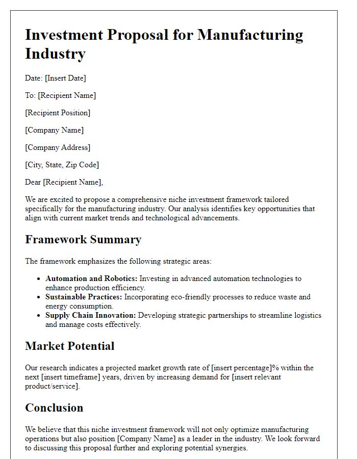 Letter template of niche investment framework for manufacturing industry.