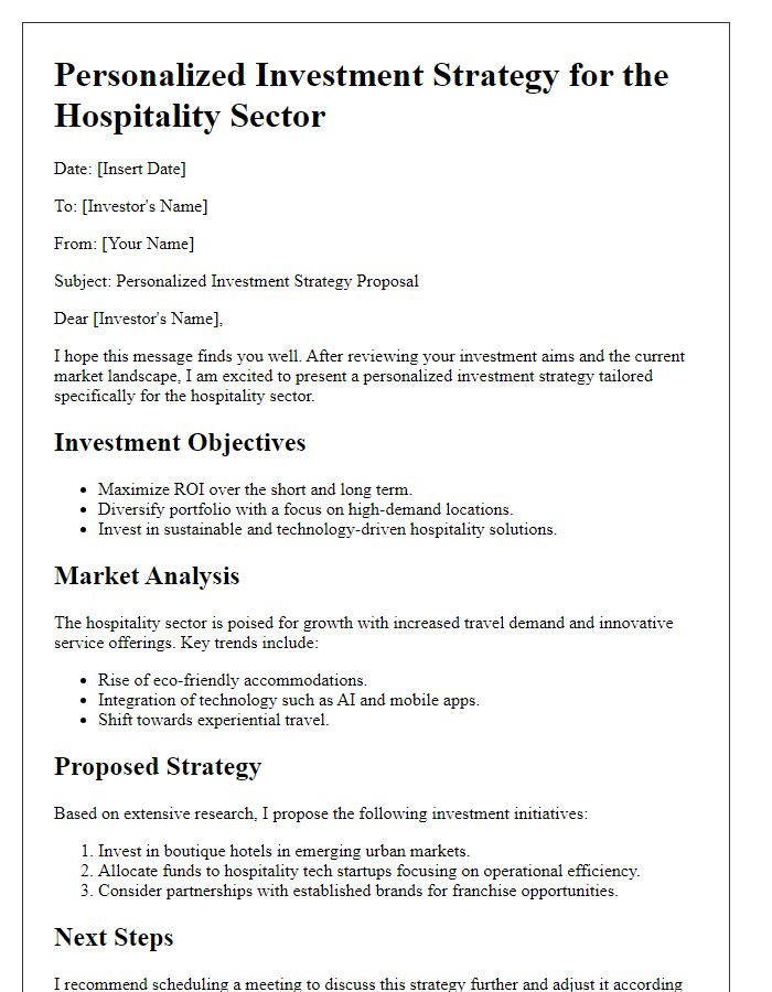 Letter template of personalized investment strategy for hospitality sector.