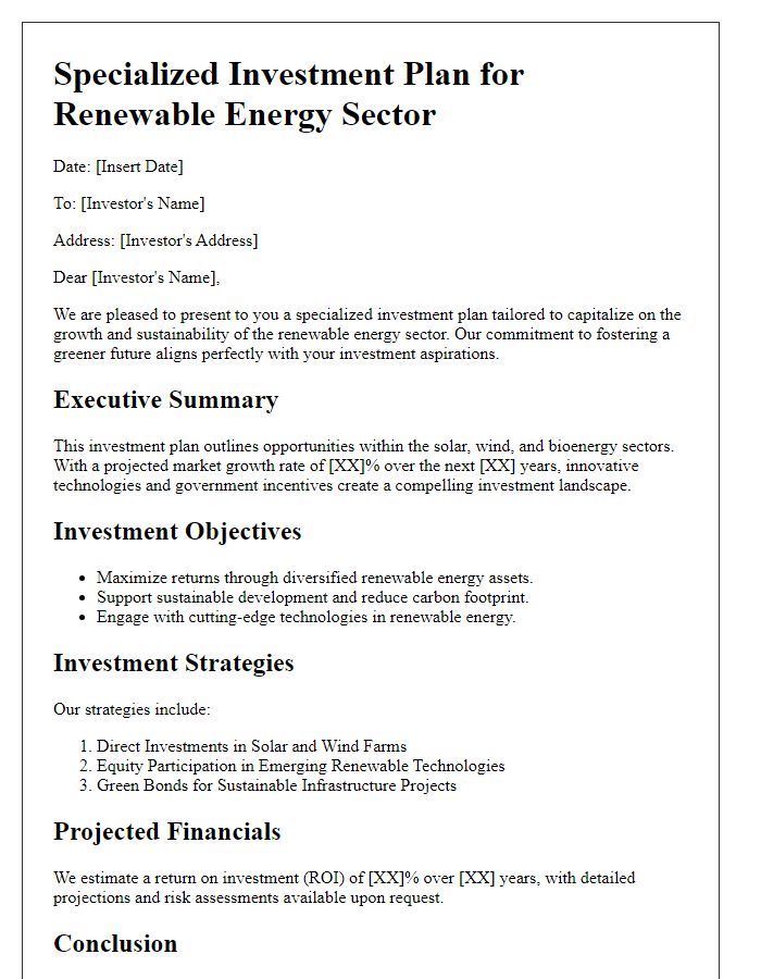 Letter template of specialized investment plan for renewable energy sector.