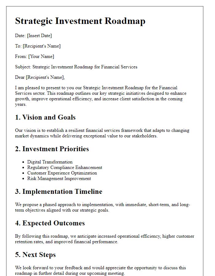 Letter template of strategic investment roadmap for financial services.