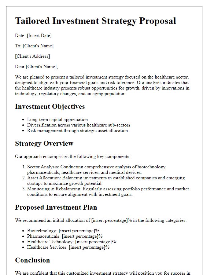 Letter template of tailored investment strategy for healthcare sector.