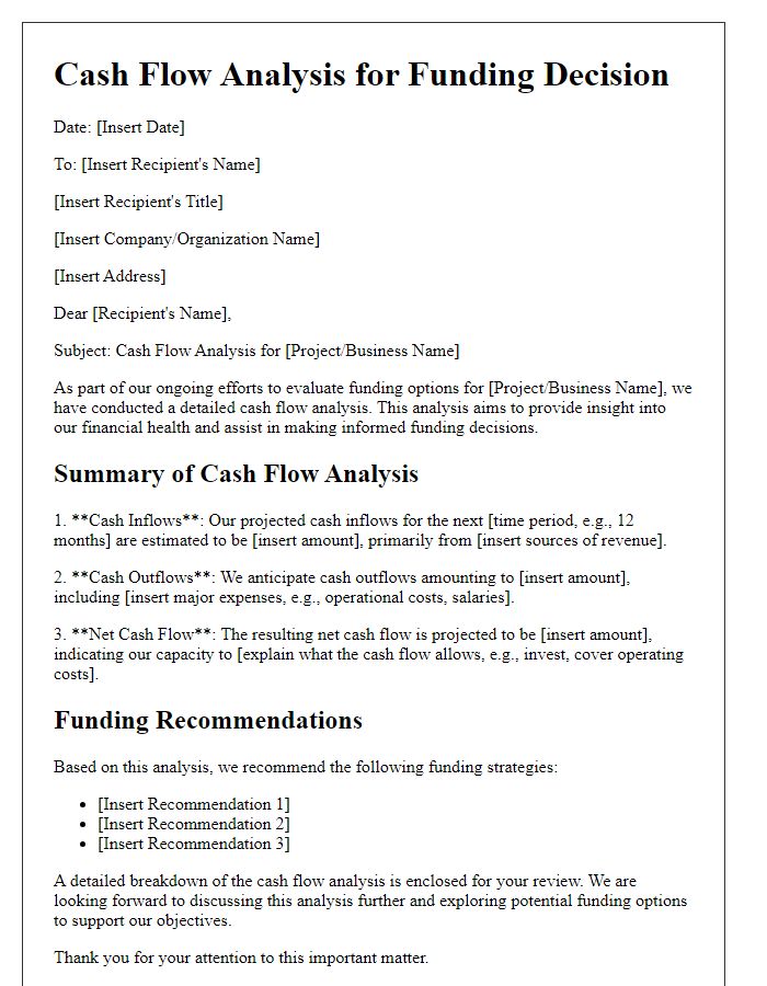 Letter template of cash flow analysis for funding decisions