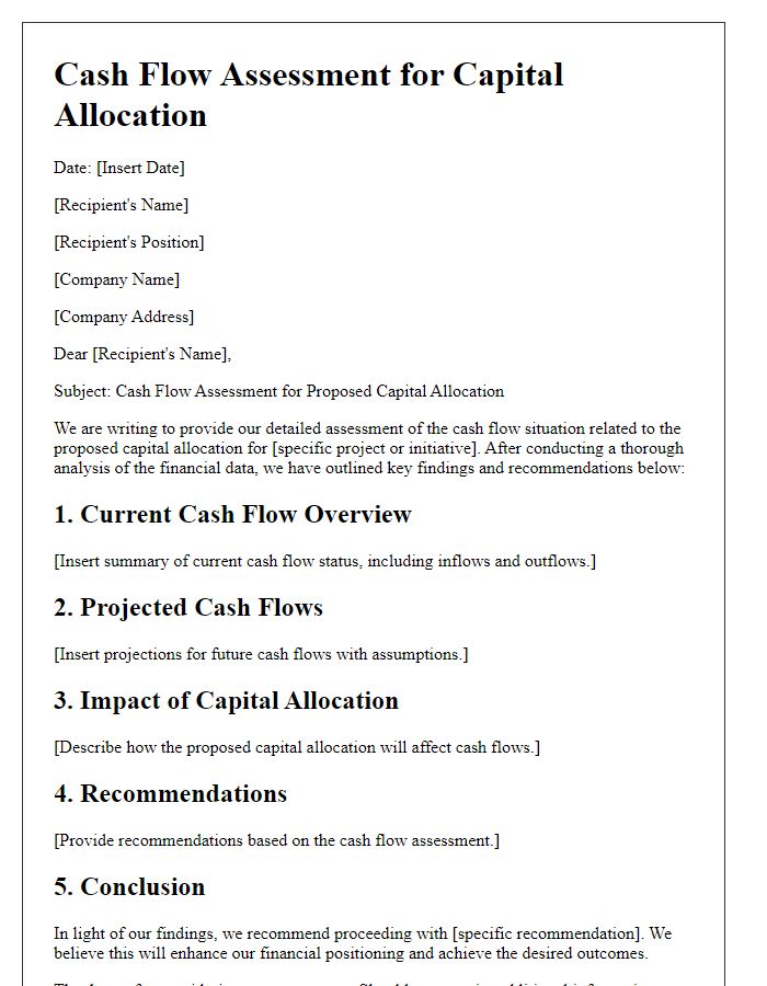 Letter template of cash flow assessment for capital allocation