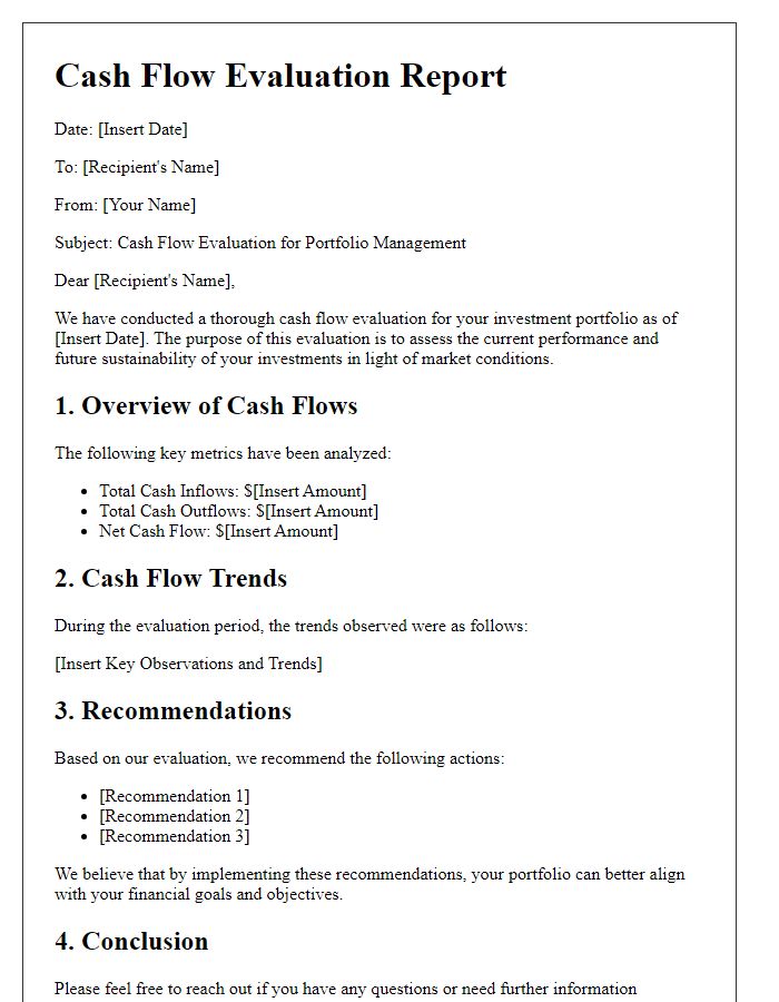 Letter template of cash flow evaluation for portfolio management