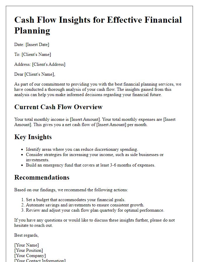 Letter template of cash flow insights for financial planning