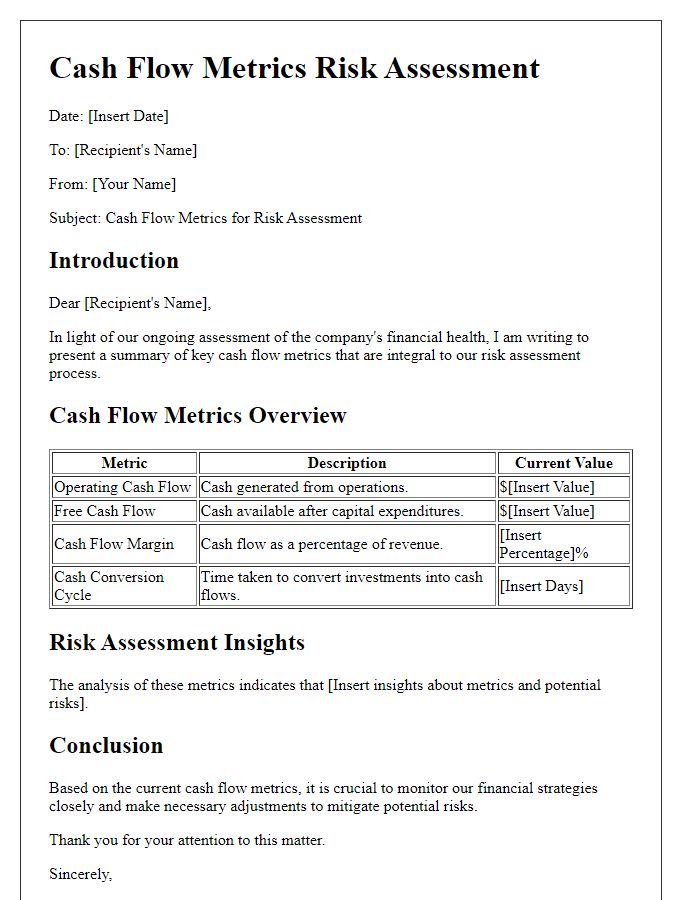 Letter template of cash flow metrics for risk assessment