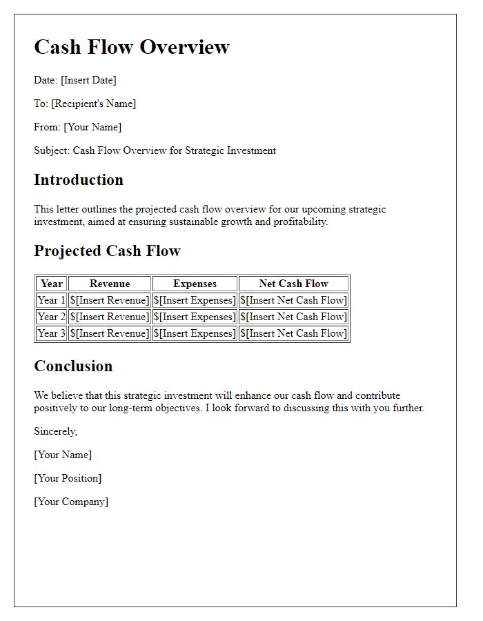 Letter template of cash flow overview for strategic investment