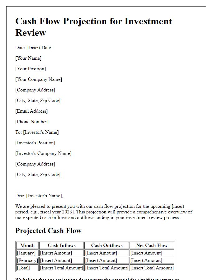 Letter template of cash flow projection for investment review