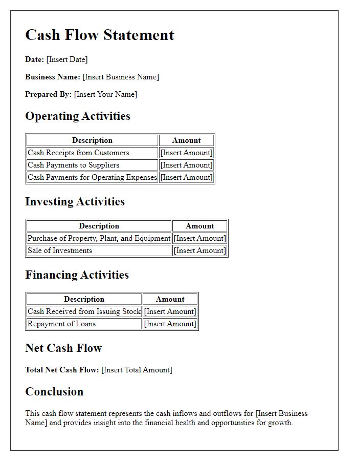 Letter template of cash flow statement for business opportunity