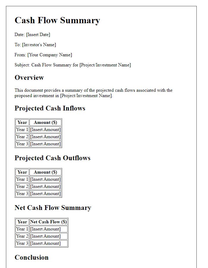 Letter template of cash flow summary for investment proposal