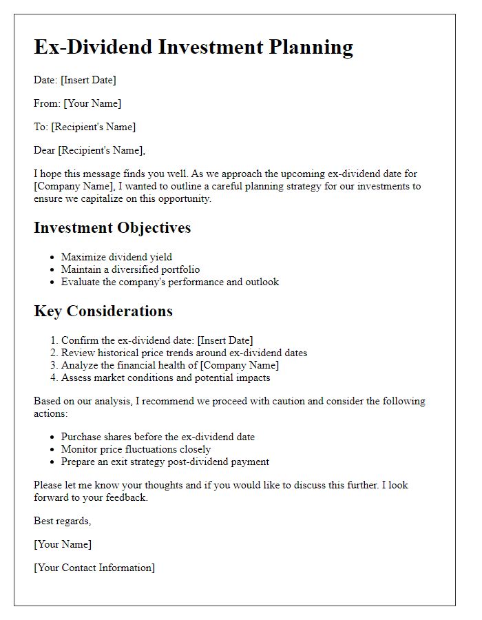 Letter template of careful planning for ex-dividend investments