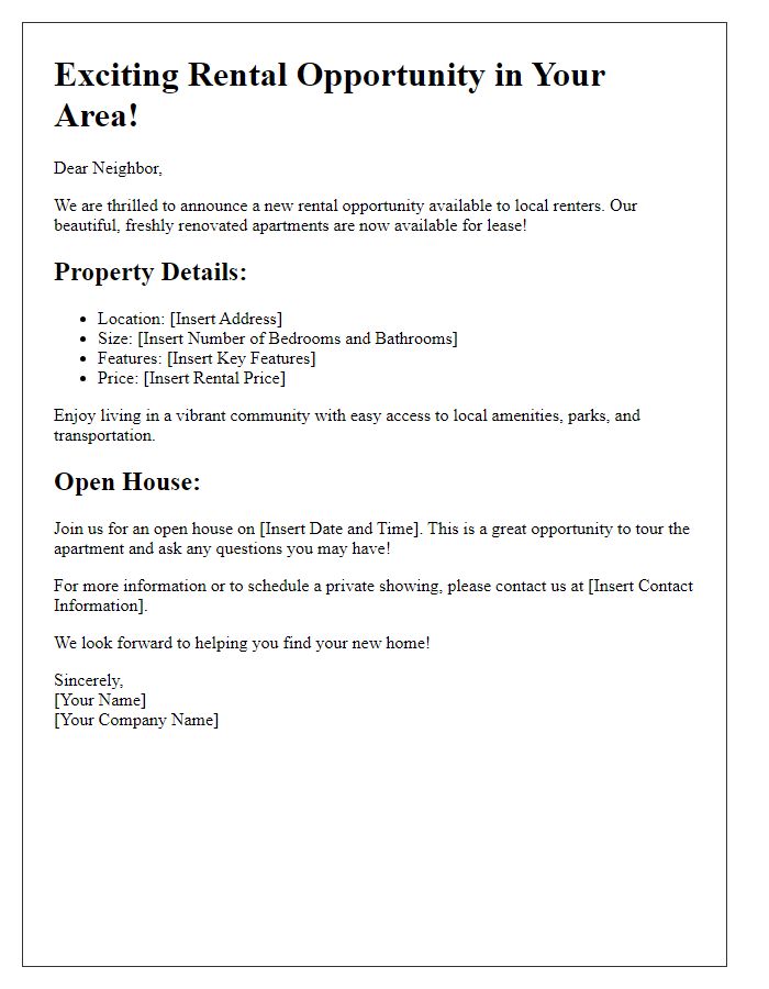 Letter template of fresh rental opportunity for local renters