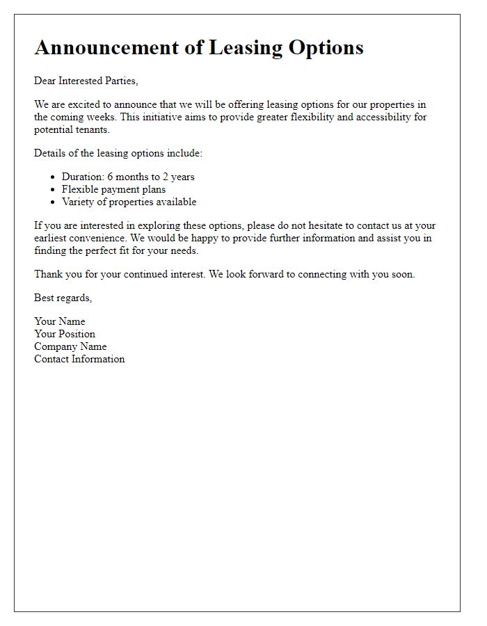 Letter template of leasing option announcement for interested parties