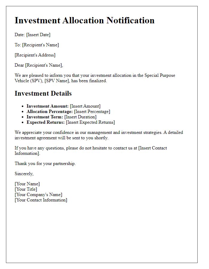 Letter template of special purpose vehicle investment allocation