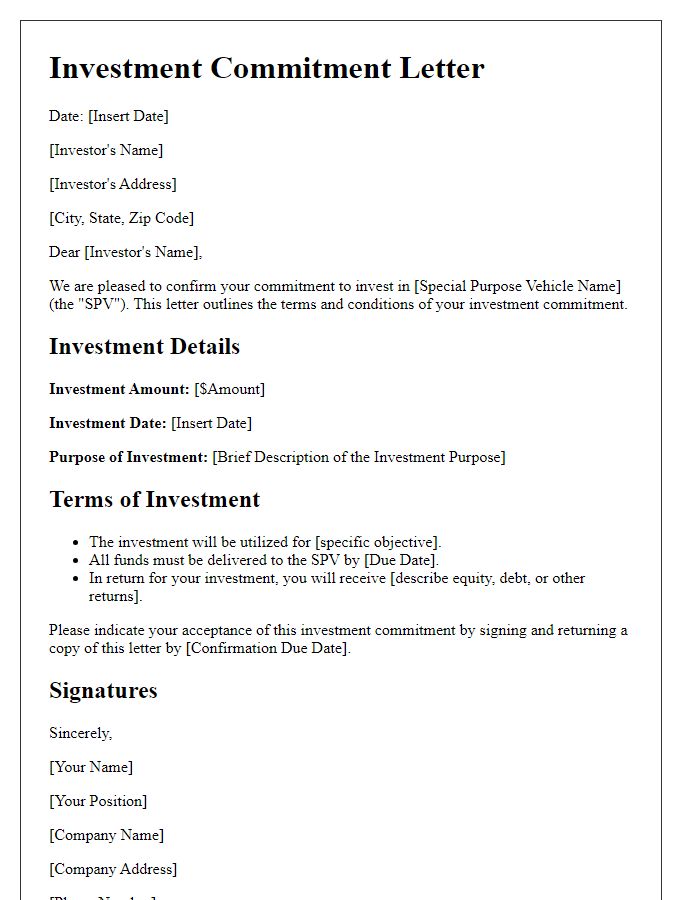 Letter template of special purpose vehicle investment commitment