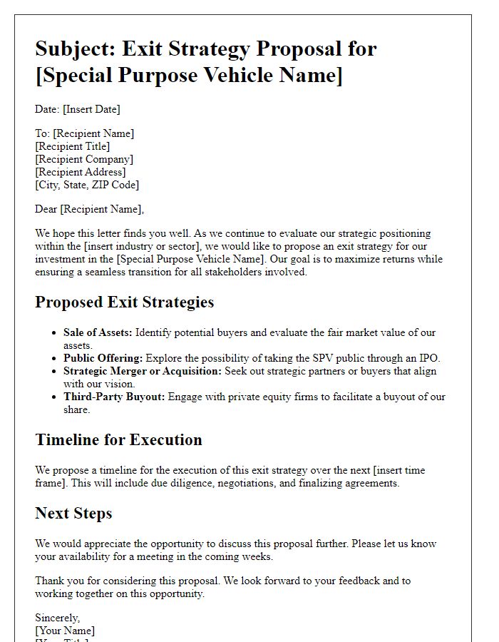 Letter template of special purpose vehicle investment exit strategy