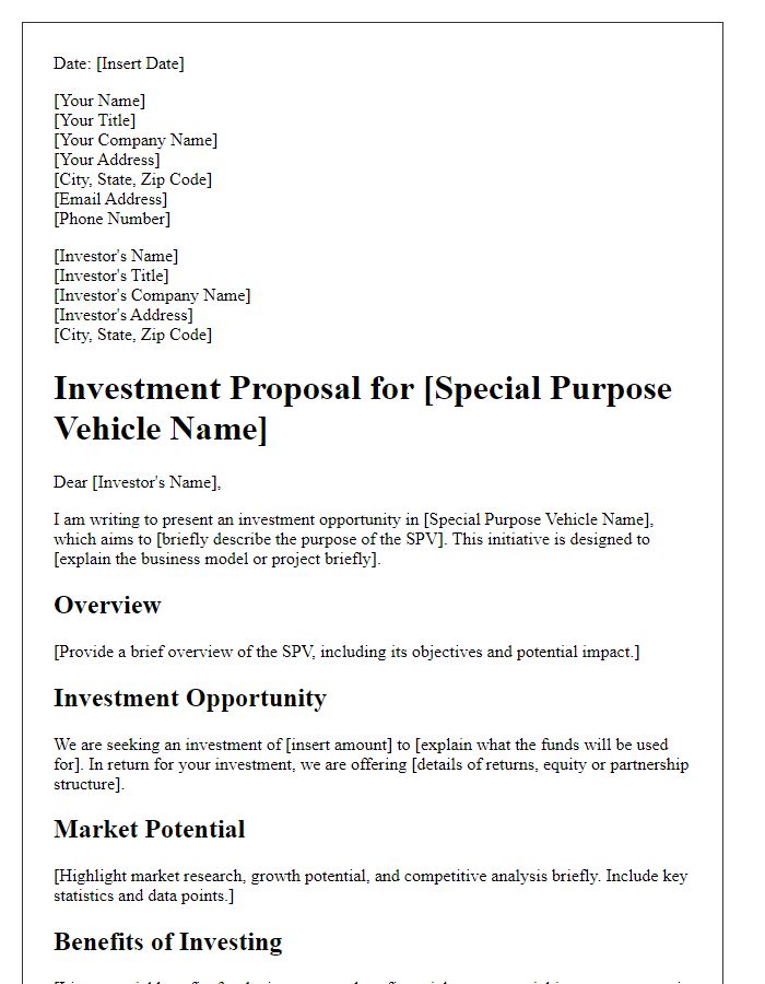 Letter template of special purpose vehicle investment proposal