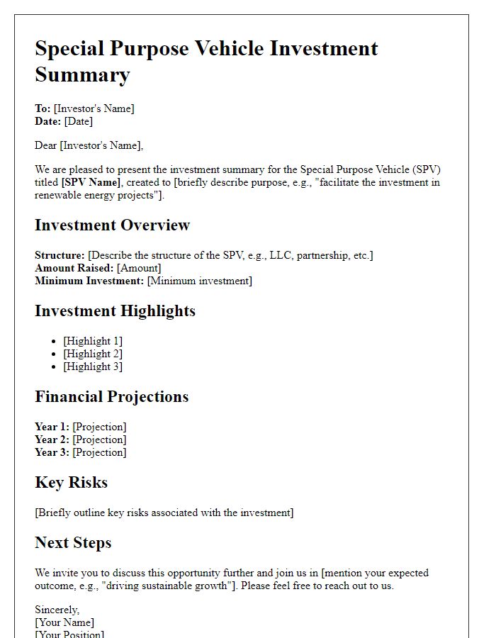 Letter template of special purpose vehicle investment summary