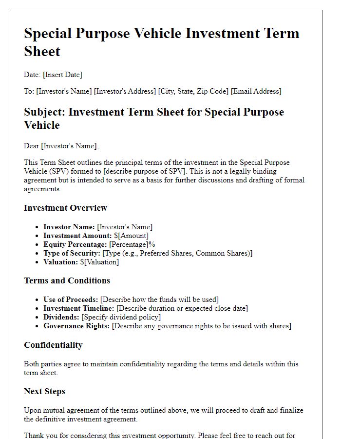 Letter template of special purpose vehicle investment term sheet