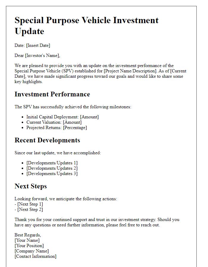 Letter template of special purpose vehicle investment update