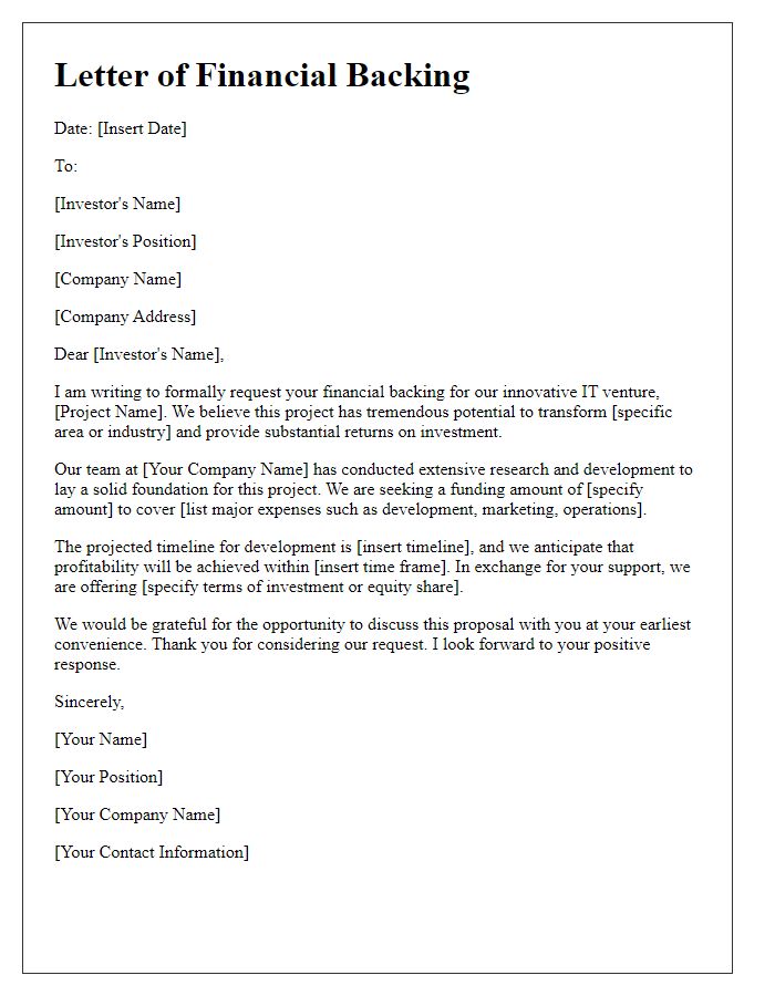 Letter template of financial backing for IT venture projects