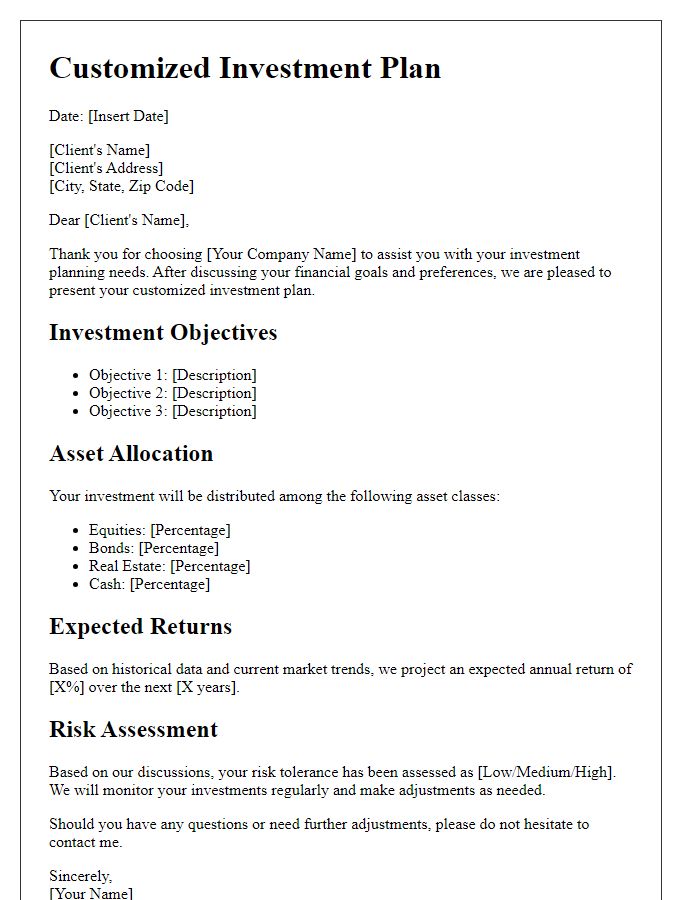 Letter template of customized investment plan