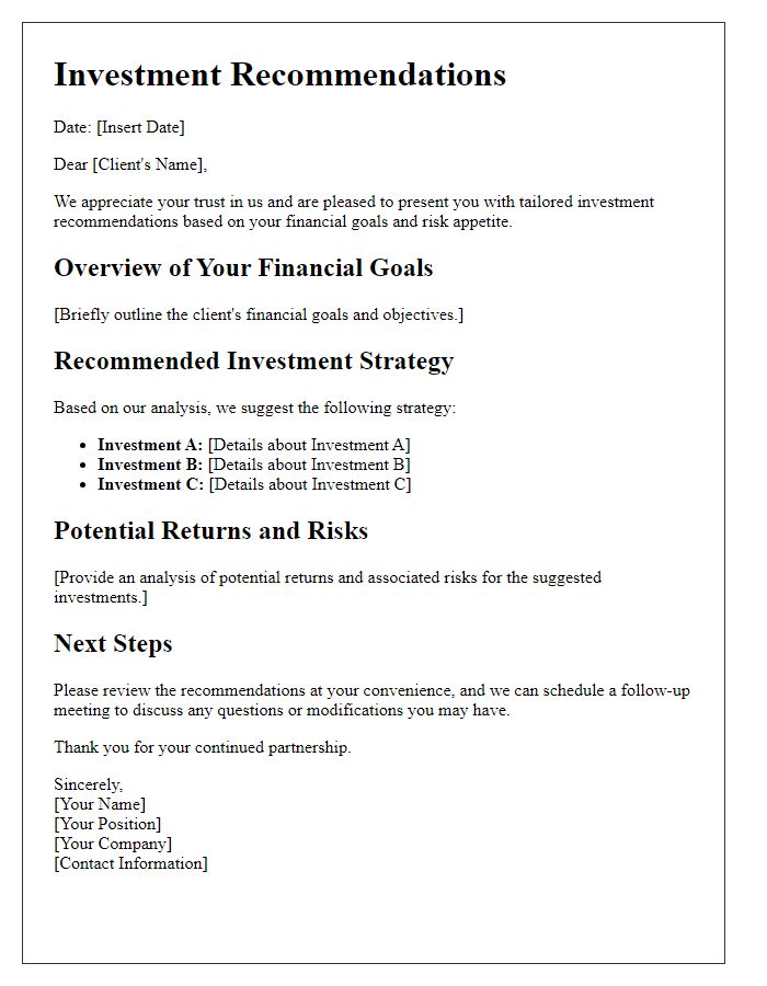 Letter template of tailored investment recommendations