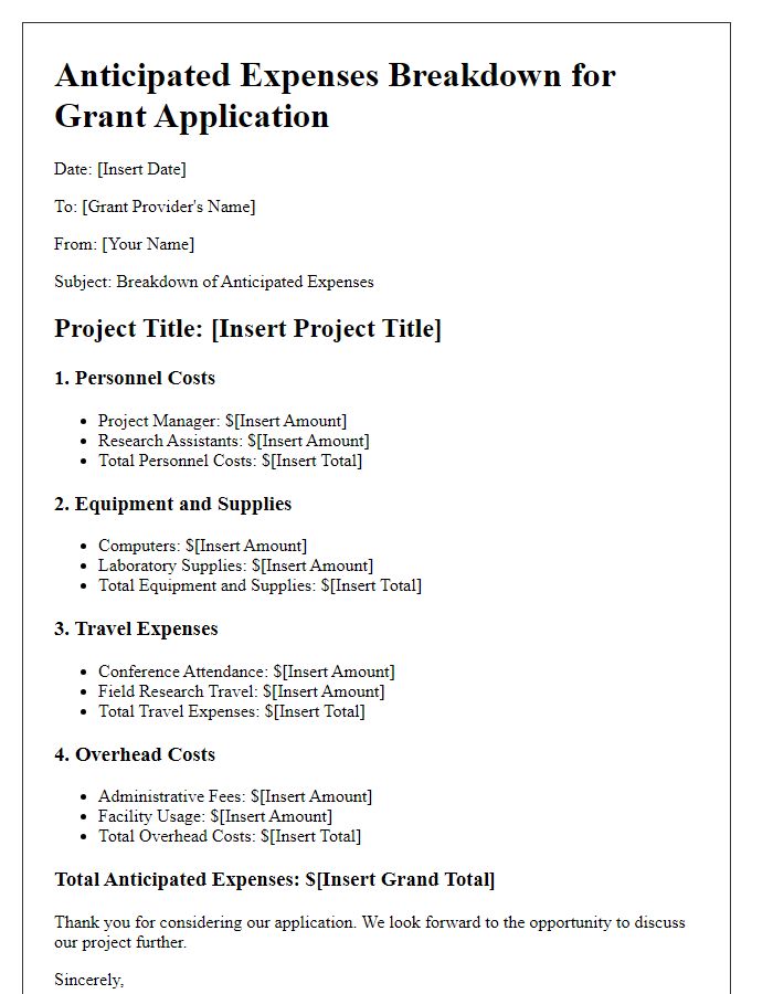 Letter template of breakdown of anticipated expenses for the grant