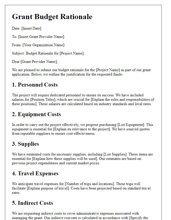 Letter template of grant budget rationale