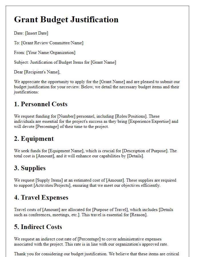 Letter template of justification of grant budget items