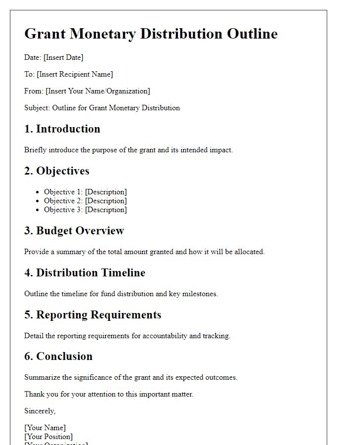 Letter template of outline for grant monetary distribution