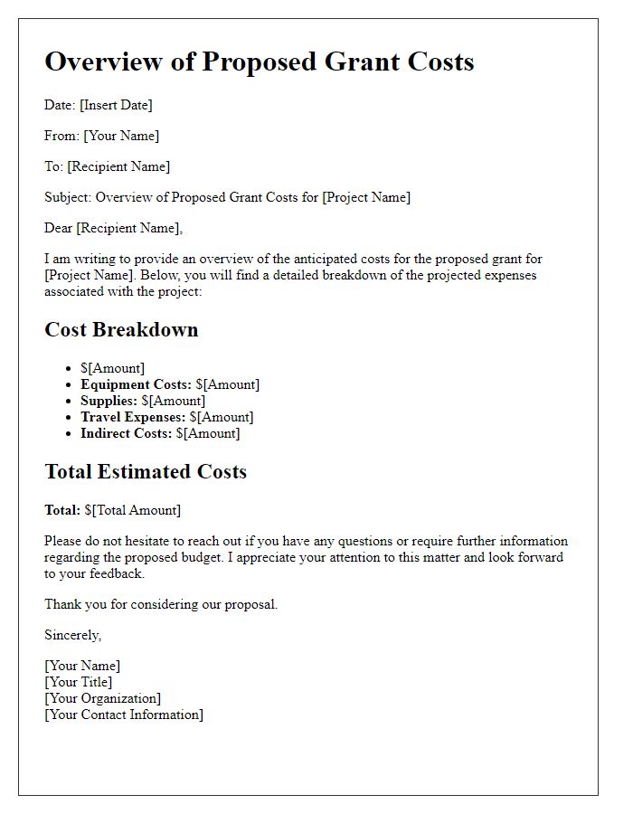 Letter template of overview of proposed grant costs