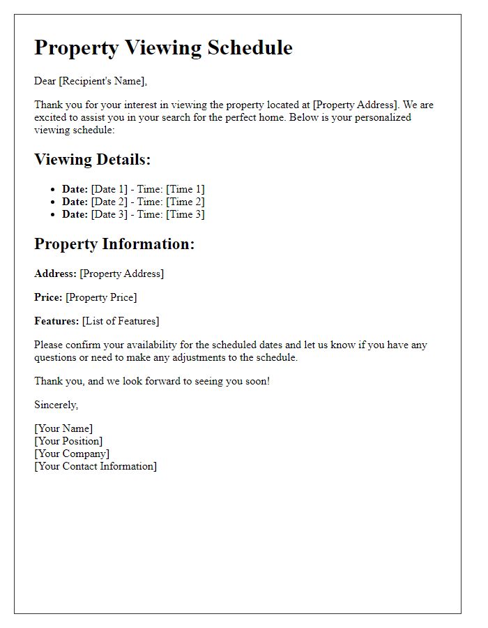 Letter template of personalized property viewing schedule