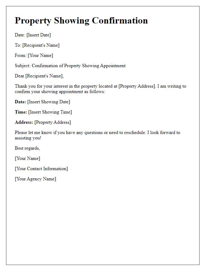 Letter template of property showing arrangement confirmation