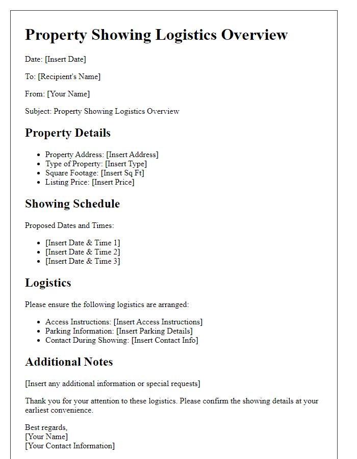 Letter template of property showing logistics overview